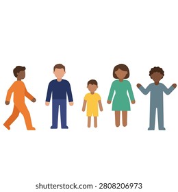 Flat people icon set featuring diverse human characters including walking person, father, mother, child and standing person. Colorful vector illustration isolated on white background