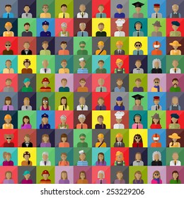 Flat People Icons, Different Occupation: Doctor, Police, Artist, Firefighter, Surgeon, Clown, Judge, Astronaut, Waiter, Barman, Sailor, Hipster - On Background - Vector Illustration, Graphic Design 