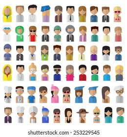 Flat People Icons, Different Occupation: Doctor, Artist, Champion, Sportsman, Athlete, Astronaut, Waiter, Barman, Graduates - Isolated On White Background - Vector Illustration, Graphic Design 