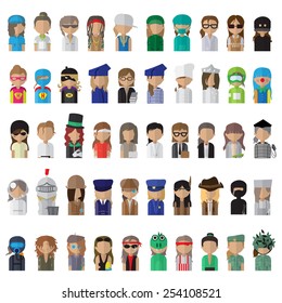 Flat People Icons, Different Occupation: Doctor, Police, Knight, Indian, Athlete, Professor, Astronaut, Waiter, Explorer, Painter Isolated On White Background - Vector Illustration, Graphic Design 