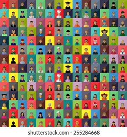 Flat People Icons, Different Occupation: Waiter, Police, Miner, Firefighter, Surgeon, Clown, Judge, Barman, Sailor, Hipster, Worker, Wizard, Athlete, Skater- Isolated On White - Vector, Graphic Design