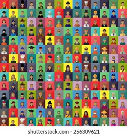 Flat People Icons, Different Occupation: Waiter, Police, Miner, Firefighter, Surgeon, Clown, Judge, Astronaut, Barman, Sailor, Hipster, Gentleman, Worker -On Mosaic Background,Vector, Graphic Design  