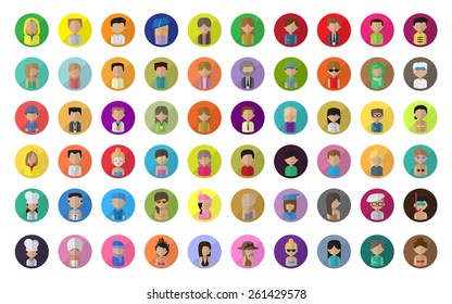 Flat People Icons, Different Occupation: Doctor, Artist, Champion, Sportsman, Athlete, Astronaut, Waiter, Barman, Diver, Graduates - Isolated On White Background - Vector Illustration, Graphic Design