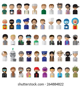 Flat People Icons, Different Occupation: Doctor, Police, Knight, Indian, Athlete, Professor, Astronaut, Waiter, Explorer, Painter Isolated On White Background - Vector Illustration, Graphic Design 