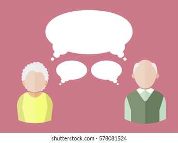 Flat people icons (elderly man and elderly woman) with different thought bubbles. Vector isolated illustration.