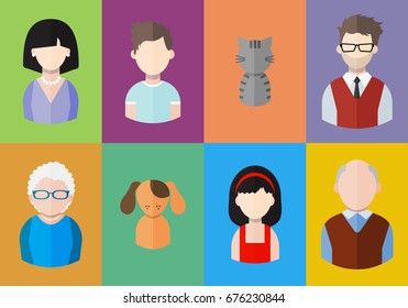 Flat people icons (mother, father and their son and daughter, grandpa, grandma and pets. Family. Segment of population