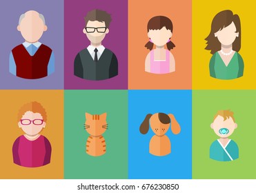 Flat people icons (mother, father and their son and daughter, grandpa, grandma and pets. Family. Segment of population