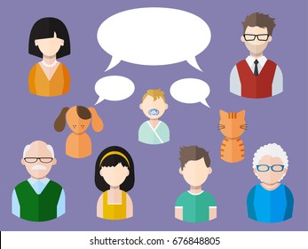 Flat people icons (mother, father and their son and daughter, grandpa, grandma and pets) with different speech bubbles. Family. Segment of population. Vector isolated illustration
