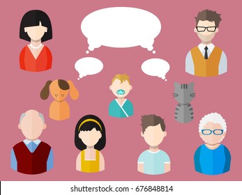 Flat people icons (mother, father and their son and daughter, grandpa, grandma and pets) with different thought bubbles. Family. Segment of population. Vector isolated illustration