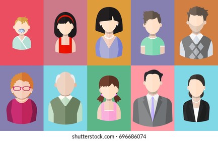Flat people icons (mother, father and their son and daughter, grandpa, grandma, business people). Segment of population. Vector isolated illustration