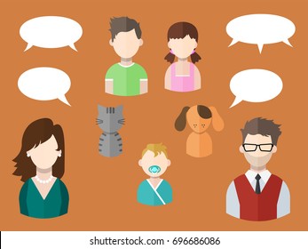 Flat people icons (mother, father and their son and daughter, grandpa, grandma and pets) with different speech bubbles. Family. Segment of population. Vector isolated illustration