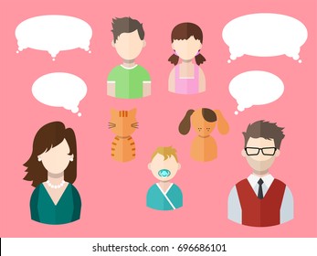Flat people icons (mother, father and their son and daughter, grandpa, grandma and pets) with different thought bubbles. Family. Segment of population. Vector isolated illustration