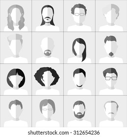 Flat people icons. Set of stylish monochrome people icons on gray background.