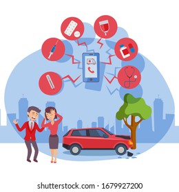 Flat people, man and woman, car accident crash into tree, online medical insurance vector illustration on isolated white, megapolis silhouette design. Web public health insurance.