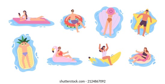 Flat people on inflatable air mattresses and swimming rings. Women floating and sunbathing on flamingo and doughnut rubber ring vector set. Ring inflatable for resort pool illustration