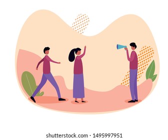 Flat people, one holding megaphone in hand. Happy flat people characters for advertising, blank, billboards, presentation, announcement. Flat, cartoon, trendy, vector illustration.