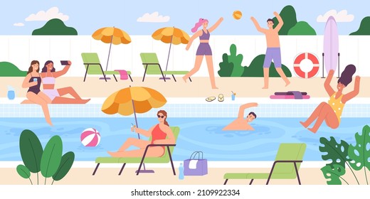 Flat people at outdoor swimming pool summer party. Men and women playing, sunbathing and having fun. Vacation activity event vector scene. Friends taking selfie photos, relaxing on lounger