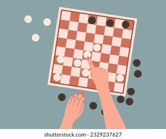 Flat People playing checkers, top view. Hands making a move in a logic board game. Cartoon isolated vector chess board.