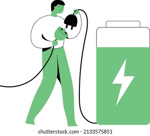 Flat People Plug-In Huge Battery. Energy concept. Modern flat vector illustration.