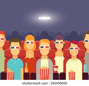 Flat People with Popcorn Watching Movie in Cinema. 3D Cinema Concept. Colorful Vector Illustration