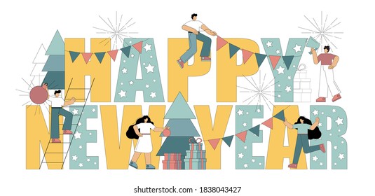 Flat people are preparing for the new year. New year inscription. Concept. Vector illustration isolated on white background.