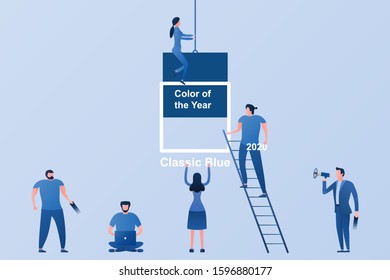 flat people in process at work in office or factory of changing color of the year 2020 to classic blue, stock vector illustration clip art with copy space