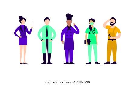 Flat people professions collection with teacher doctor chef nurse and mechanic isolated vector illustration