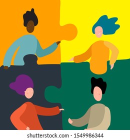 Flat people in puzzle pieces on bright background. Cartoon vector illustration about unity and communication.