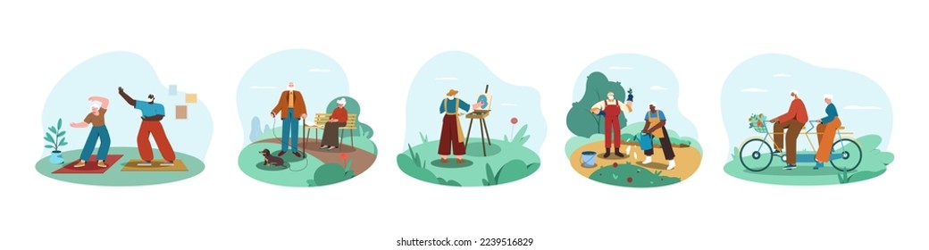 Flat people recreation and hobby. Happy senior man and woman riding a bicycle, walking in park, gardening, painting and exercising at home. Cartoon set elderly characters spend time on retirement.