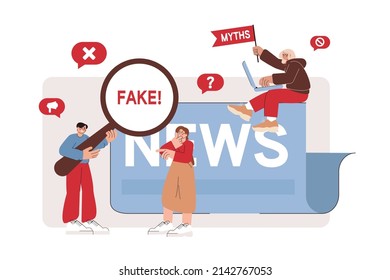 Flat People Scanning Fake News Published In Social Network And Hoax Information On The Internet, Media Press. Man With Magnifying Glass Checking False Facts, Myths. Propaganda Or Disinformation Online