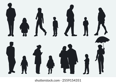 flat people silhouette male and female vector illustration in winter clothing concept isolated shadow set collection. For architecture rendering, design, info graphic, media