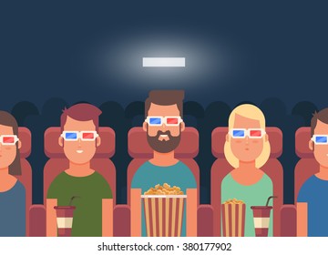 Flat People Sitting in the Cinema and Watching a Movie. Colorful Vector Illustration