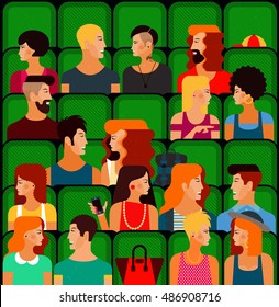 Flat People Sitting in the Cinema and Watching a Movie. Vector Illustration. Cute vector character people. Seamless Pattern. Cinema movie poster or banner template.