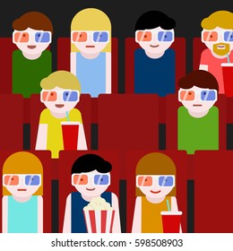 Flat People Sitting in the Cinema and Watching a Movie. Colorful Vector Illustration