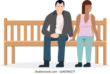 Flat people sitting on park bench vector illustration.Man and woman waiting.Person rest in holiday