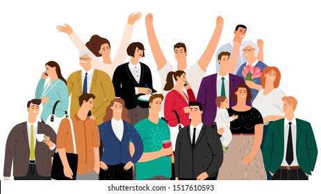 Flat people. Society vector concept. Crowd happy people isolated on white background. Smiling women men elderly