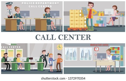 Flat people support service composition with operators of police department medical bank pizza food delivery and gift shop call centers vector illustration