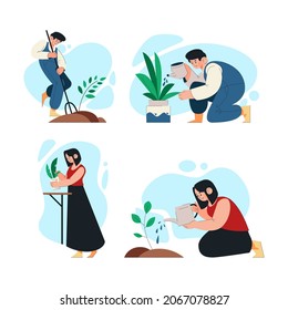 Flat people taking care of plants