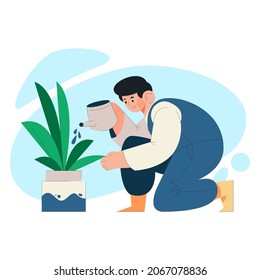 Flat people taking care of plants