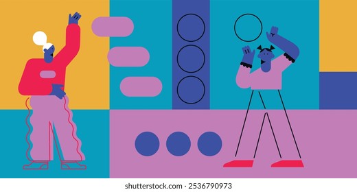 Flat people and technology. Vector woman and man flat illustration. Ideal for social media and business presentations, user interface, UX, graphic and web design, apps and interfaces. EPS 10	
