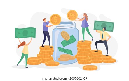 Flat people throwing money, bills and coins into glass jar. Characters collect donations. Family or business savings in bank vector concept. Volunteers giving cash for charity, investing