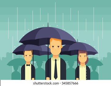 Flat People with Umbrellas standing Under the Rain After Hard Day. Big City Silhouette on Background. Colorful Vector Illustration