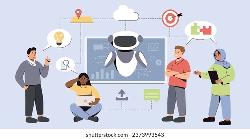 Flat people use ai smart analysis technology vector illustration. Flat development team use artificial intelligence in work. Process with futuristic robotic tech, data research.