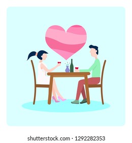 Flat people. Vector illustration in flat style. Romantic evening. Young couple. Dating. Man and woman sitting at the table. Valentines day celebration. - Vector