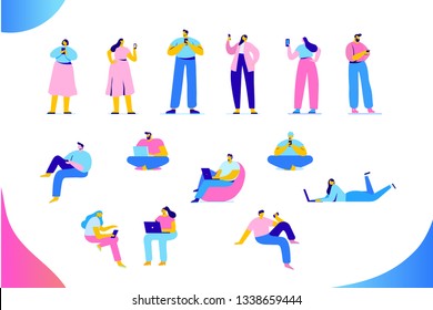 Flat  People vector set. People with gadgets, communication. Network, internet. Vector characters in modern flat style isolated on white background.