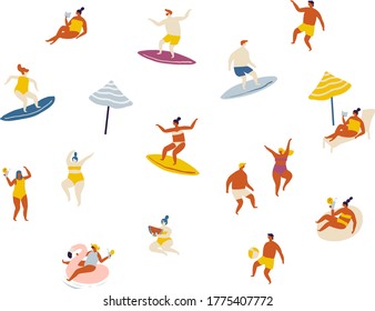 Flat people vector set. Summer rest on beach