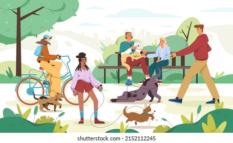 Flat people walk with dog on leash in city park. Pet owners with happy cute domestic animal play in outdoors. Young girl ride a bicycle and couple sitting in bench with puppy and reading using gadget.