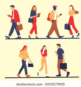 flat people walk go to work for clipart