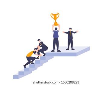 Flat people web illustration element with people winner concept. Workers work together with person raising a trophy champion.