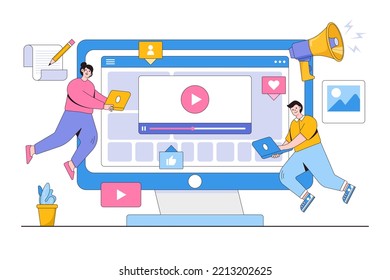 Flat-Leute, die arbeiten, erstellen Videoinhalte für das Online-Marketing und verdienen Geld-Konzept. Rahmendesign-Stil minimale Vektorgrafik.